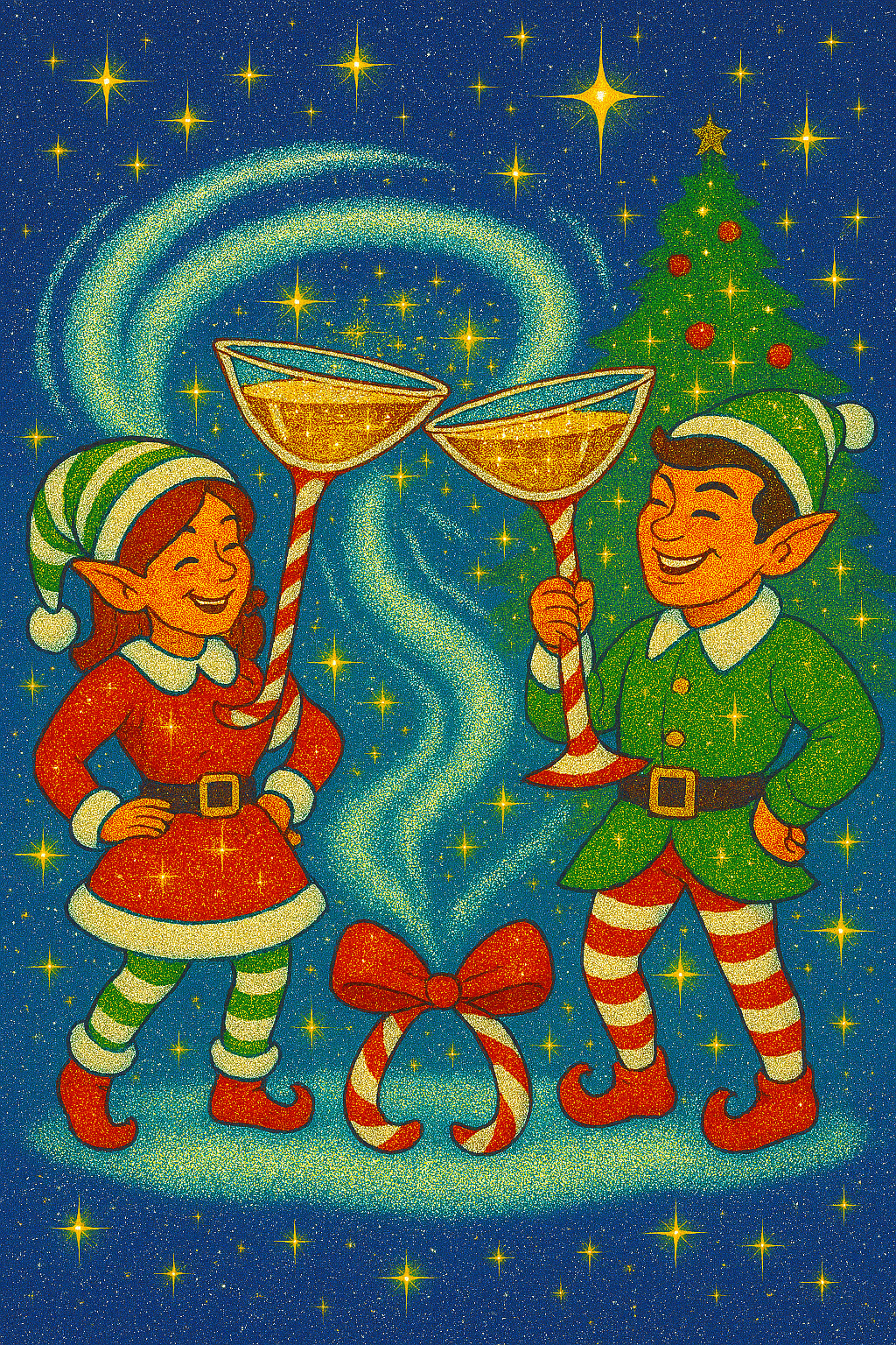 wo cheerful Christmas elves clink oversized candy‑cane cocktail glasses filled with sparkling golden liquid. They wear festive red and green sequined outfits with striped tights and curled‑toe shoes, standing in swirling snow under a starry night sky. A decorated Christmas tree glows in the background, while glittering snowflakes and twinkling lights add sparkle to the scene. wo cheerful Christmas elves clink oversized candy‑cane cocktail glasses filled with sparkling golden liquid. They wear festive red and green sequined outfits with striped tights and curled‑toe shoes, standing in swirling snow under a starry night sky. A decorated Christmas tree glows in the background, while glittering snowflakes and twinkling lights add sparkle to the scene.