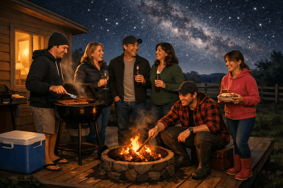 Six friends gathered on a wooden deck in a rural New Zealand backyard at night, chatting and laughing around a glowing fire pit. One man grills sausages at a barbecue while others hold drinks and plates of food. A chilly bin sits nearby, and the Milky Way shines brightly overhead. The warm firelight contrasts with the cool starlit sky, capturing the relaxed Kiwi nightlife at home