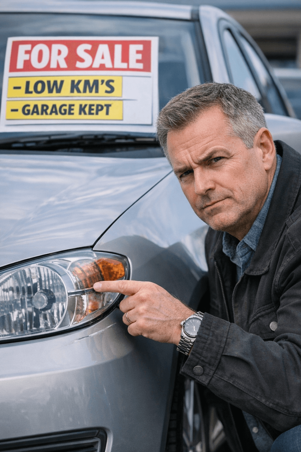 A man stand beside a slightly worn 2004 Corolla, pointing at scratches .Looks serious and determined, mid‑negotiation, with a “For Sale” sign visible in the car window.