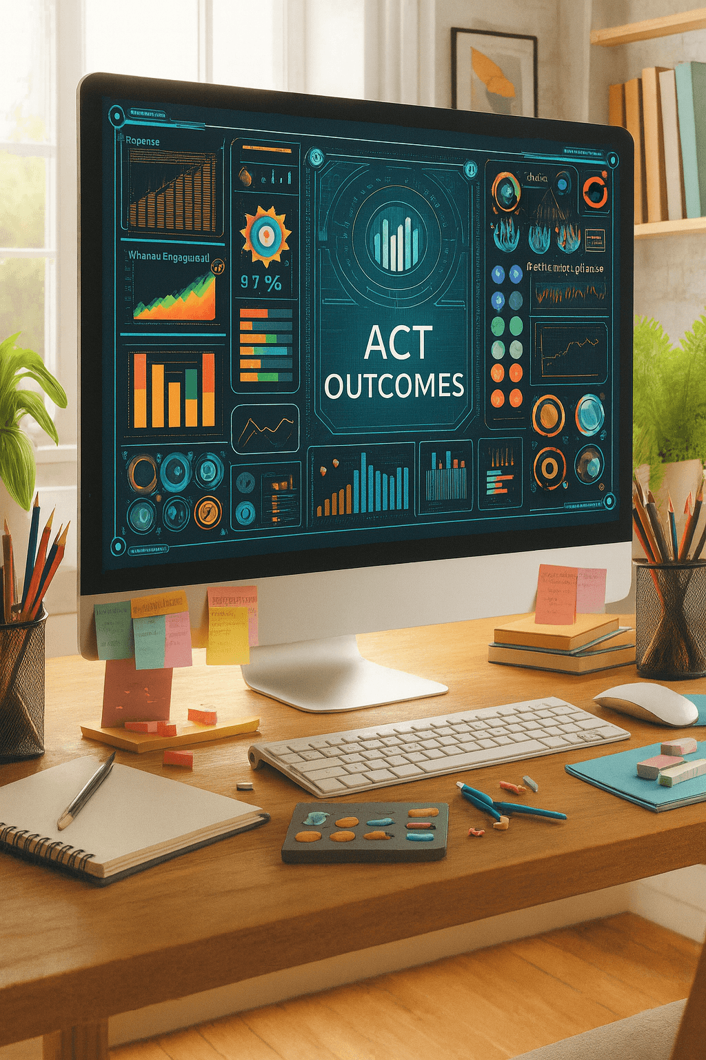 A modern workspace featuring a widescreen computer monitor displaying a digital dashboard titled “Act Outcomes.” The dashboard is filled with colorful charts, graphs, and data visualizations—bar graphs, pie charts, line graphs, and circular indicators—representing metrics like harm reduction, whānau engagement, and platform compliance. The interface uses teal, orange, red, and green tones against a dark background, suggesting a tech-enabled audit of legislative impact. The desk below is organized with sticky notes, notebooks, pens, and a keyboard, while natural light and plants add warmth to the scene. The image evokes transparency, civic tracking, and public accountability—modeling what legislation could look like if it were built to report back.