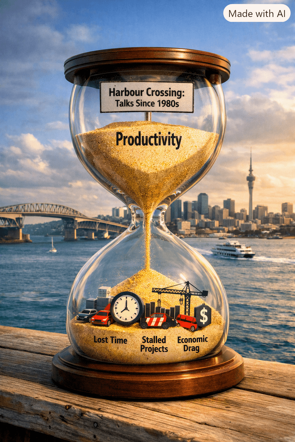 An hourglass stands on a wooden ledge overlooking Auckland’s Waitematā Harbour. The top chamber holds sand labeled “Productivity” beneath a sign reading “Harbour Crossing: Talks Since 1980s.” The sand flows into the lower chamber, where icons represent congestion, lost time, stalled projects, and economic drag. The Harbour Bridge and Sky Tower rise in the background under warm sunlight.