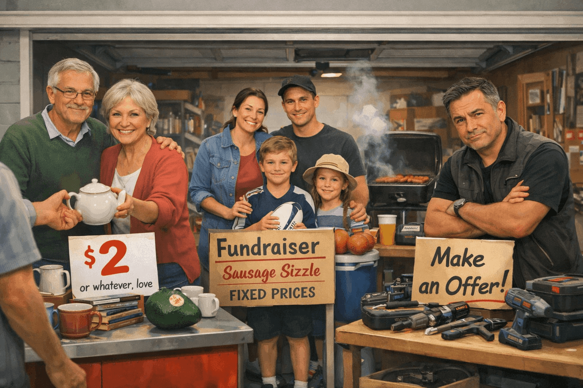 Inside one large Kiwi garage, three corners show different sellers: – An older couple smiling warmly, handing over a teapot beside a $2 sign. – A young family running a sausage‑sizzle fundraiser with a “Fixed Prices” sign. – A bloke leaning on a workbench of tools, raising an eyebrow beside a “Make an Offer!” sign.