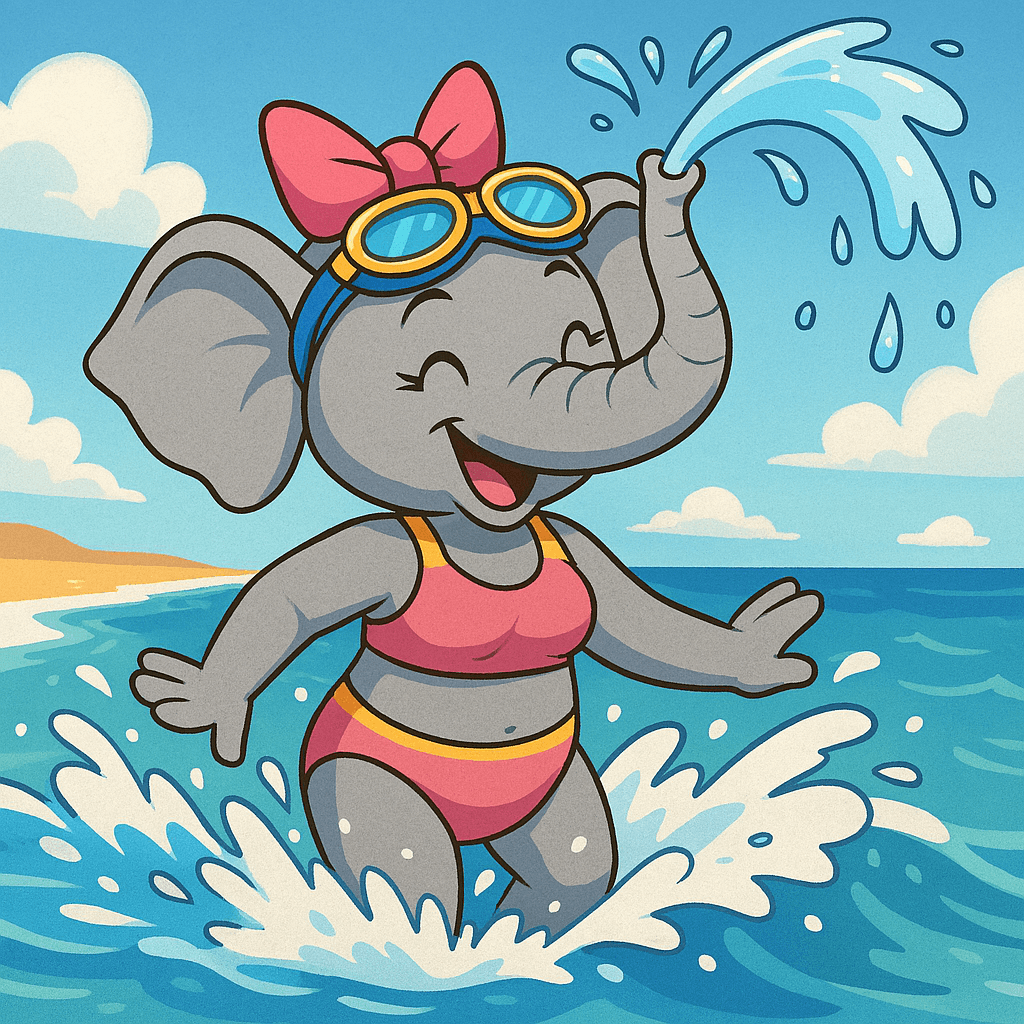 artoon female elephant wearing pink swimwear and yellow goggles, joyfully splashing in ocean surf. Her trunk sprays water in an arc as she emerges from gentle waves, smiling with eyes closed. The background features a sunny beach, blue sky, and fluffy clouds.
