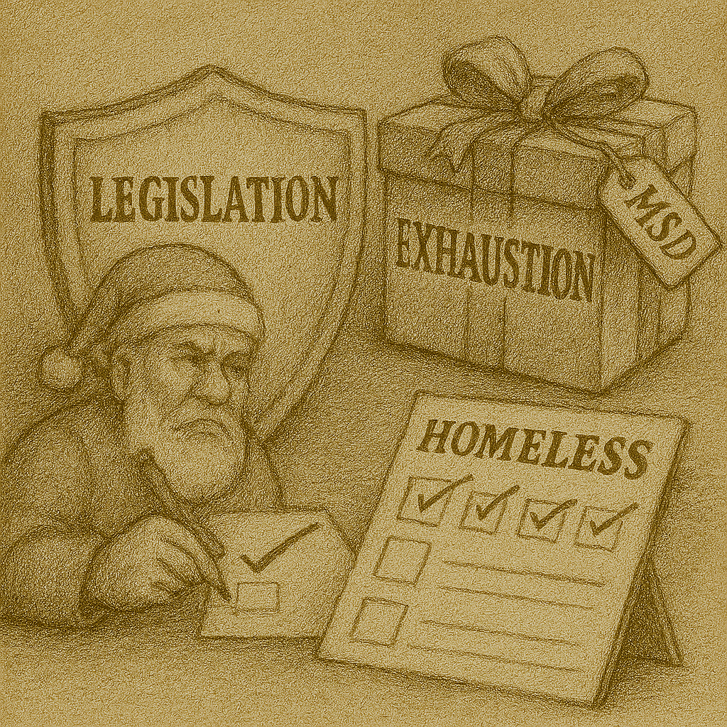 A vintage-style illustration shows three objects: a shield labeled “LEGISLATION,” a large gift-wrapped box labeled “EXHAUSTION” with a tag reading “MSD,” and a checklist titled “HOMELESS” with three boxes ticked. The shield is drawn with textured shading and cross-hatching, resembling a medieval emblem. The gift box has a large ribbon and bow, and the tag hangs from the ribbon. The checklist lies in the foreground, angled slightly, with bold lettering and neatly marked checkboxes. The entire image is rendered in sepia tones with a parchment-like background, evoking a satirical cartoon.