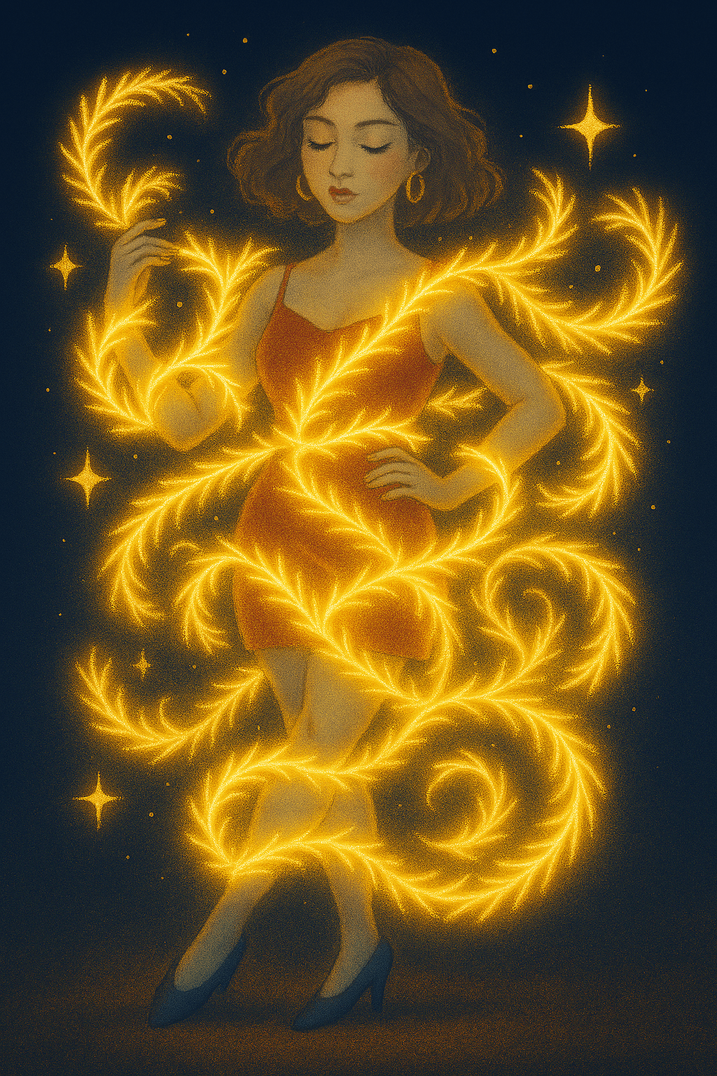 A graceful woman in a red dress stands serenely under a starry night sky, wrapped in glowing golden tinsel that loops and tangles around her body like enchanted vines. Her eyes are closed, her expression calm, and the warm light from the tinsel casts a soft shimmer across her skin and dress — a visual nod to the idiom “Don’t get your tinsel in a tangle,” reimagined with poise and glow. A graceful woman in a red dress stands serenely under a starry night sky, wrapped in glowing golden tinsel that loops and tangles around her body like enchanted vines. Her eyes are closed, her expression calm, and the warm light from the tinsel casts a soft shimmer across her skin and dress — a visual nod to the idiom “Don’t get your tinsel in a tangle,” reimagined with poise and glow.