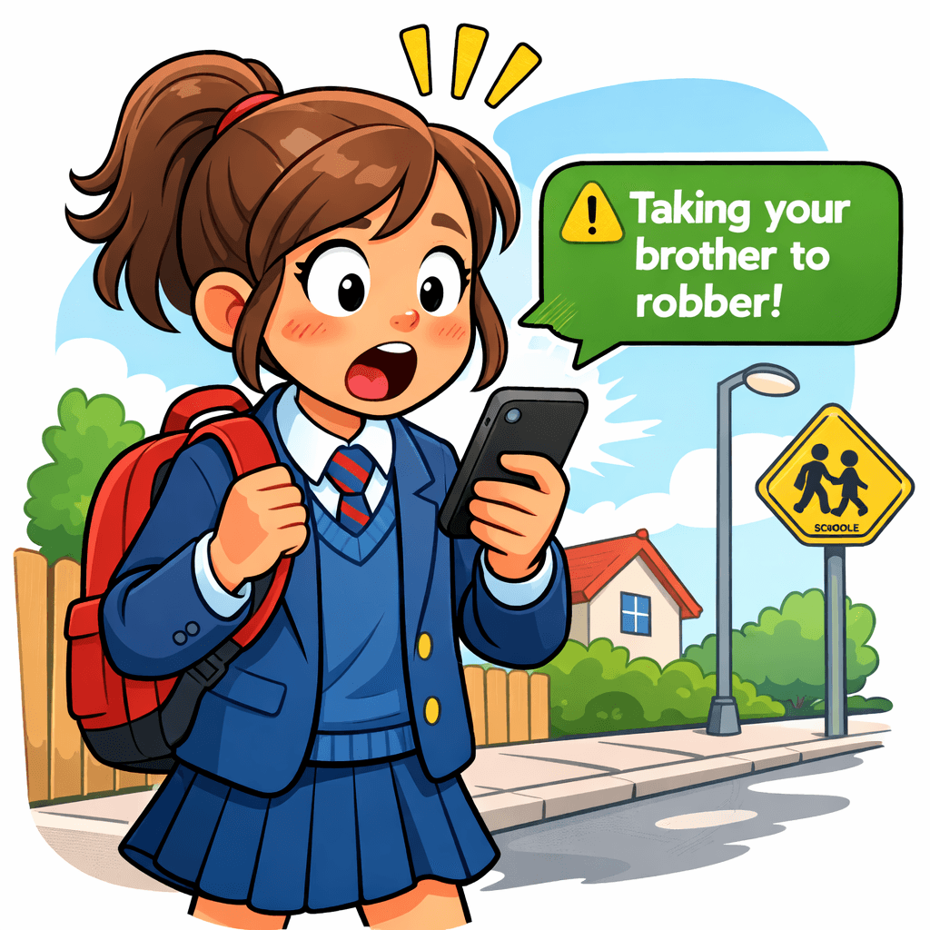 A cartoon illustration of a schoolgirl in a blue uniform walking home, looking shocked at her phone. A green message bubble on the screen reads “Taking your brother to robber!” with a yellow warning icon. She has a red backpack, brown hair in a ponytail, and wide eyes. Behind her is a suburban street with a fence, a house, and a school zone sign.