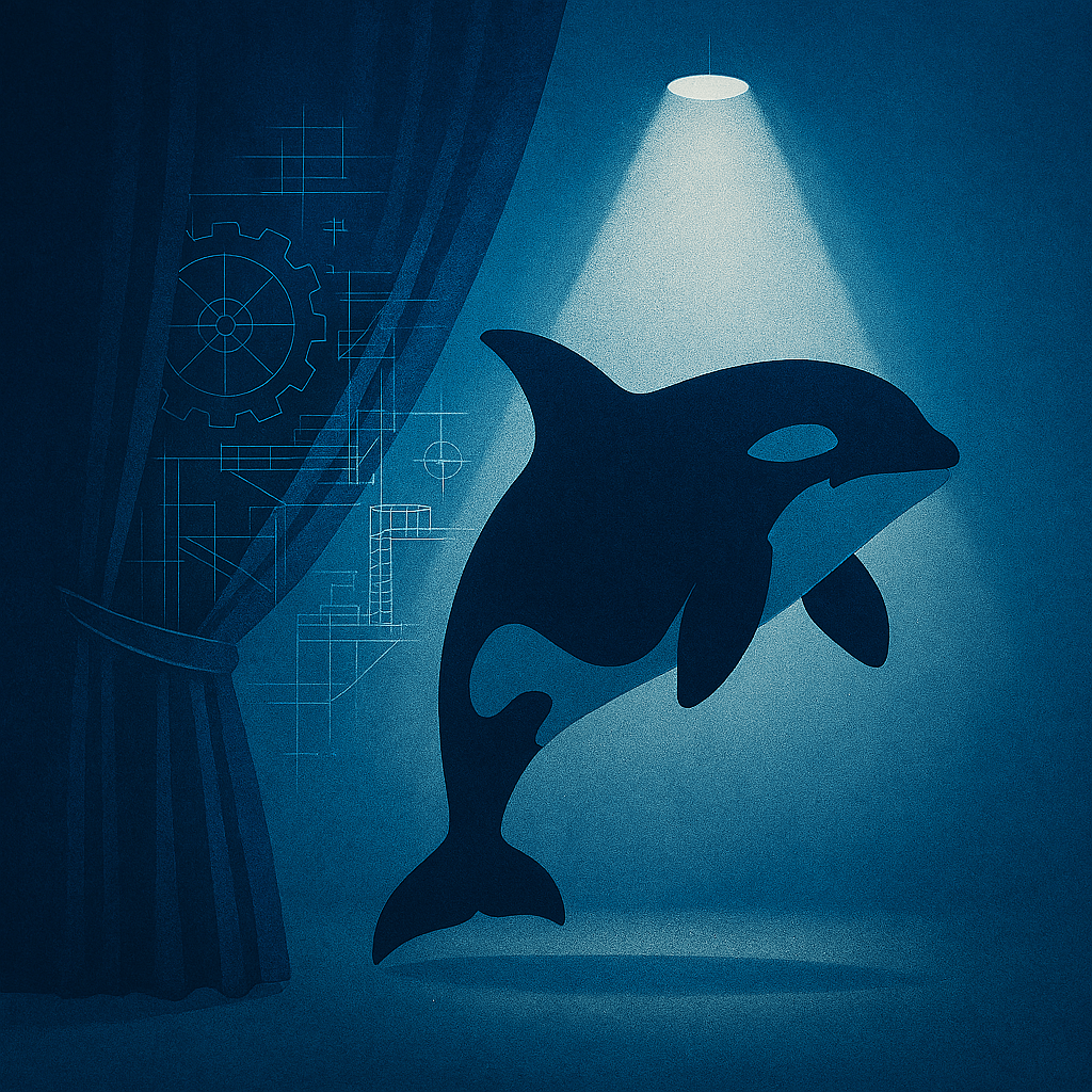Orca whale performing under a spotlight on a dark blue stage, with a curtain pulled back to reveal blueprint-style machinery behind the scene. Represents the hidden structure behind the spectacle.