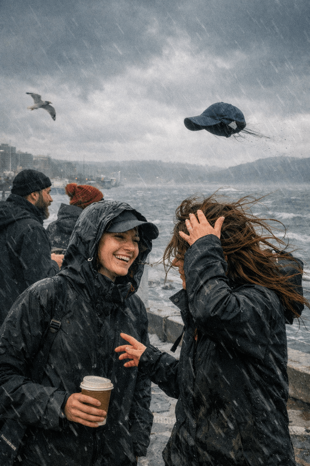 A semi‑realistic illustration of a stormy Wellington waterfront. Rain blows sideways as a strong southerly wind lifts a woman’s cap off her head and sends it flying toward Cook Strait. Her hair whips across her face as she reaches for it. Beside her, a friend in a hooded raincoat laughs warmly, their own cap safely tucked under the hood. Other people in beanies and pom‑pom hats lean into the wind, and a seagull tilts mid‑flight over the choppy harbour.