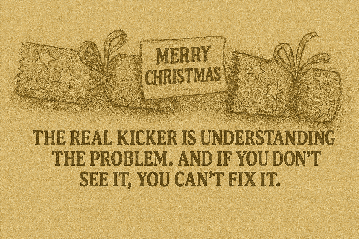 A vintage-style illustration shows a split Christmas cracker lying horizontally on textured parchment. The cracker is decorated with stars and tied at both ends with ribbon. In the center, a small paper scroll emerges from the broken middle, reading “MERRY CHRISTMAS” in bold capital letters. Below the cracker, a bold caption reads: “THE REAL KICKER IS UNDERSTANDING THE PROBLEM. AND IF YOU DON’T SEE IT, YOU CAN’T FIX IT.” The image is rendered in sepia tones with cross-hatching and stippling, evoking a satirical editorial cartoon.