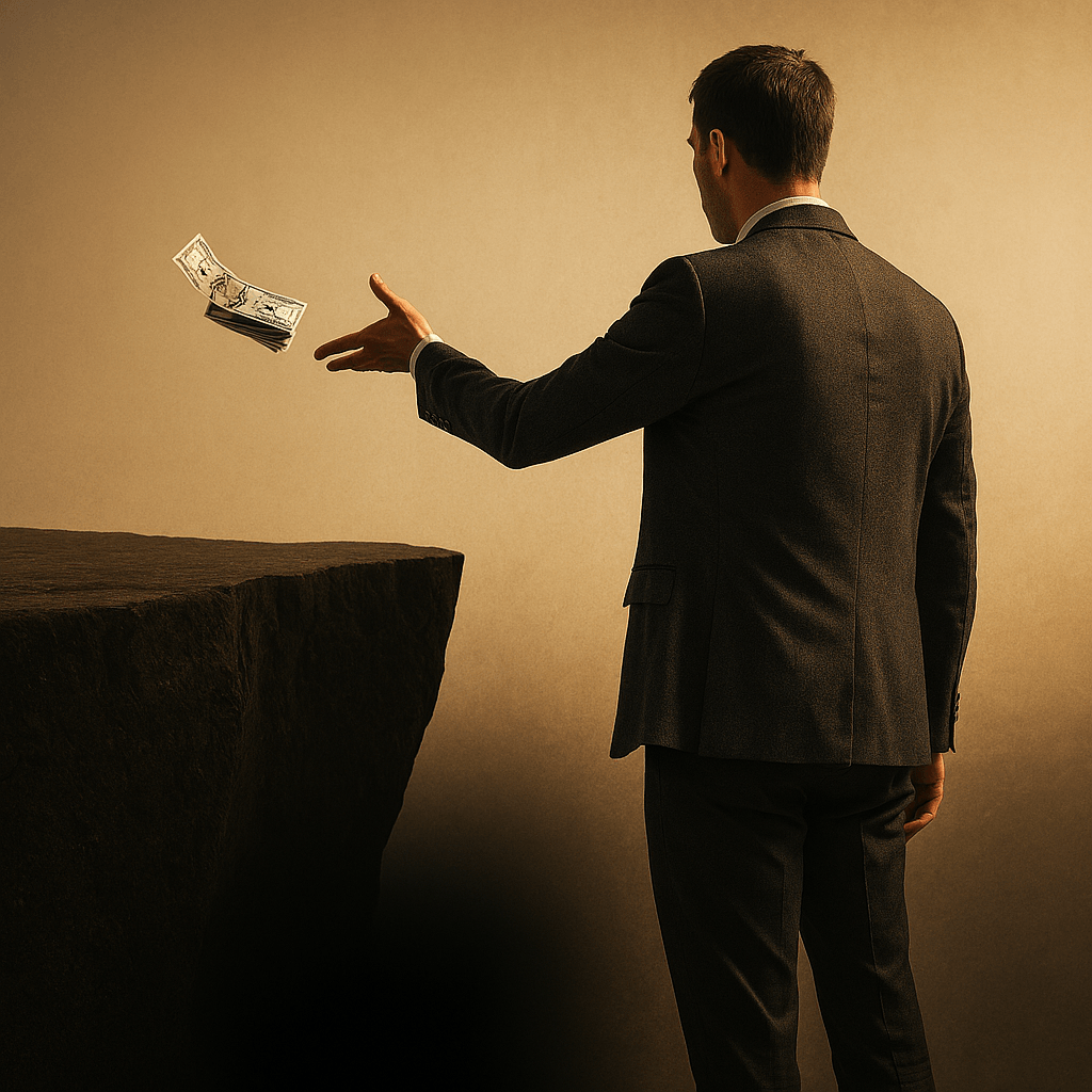image of a man throwing money  towards a rock