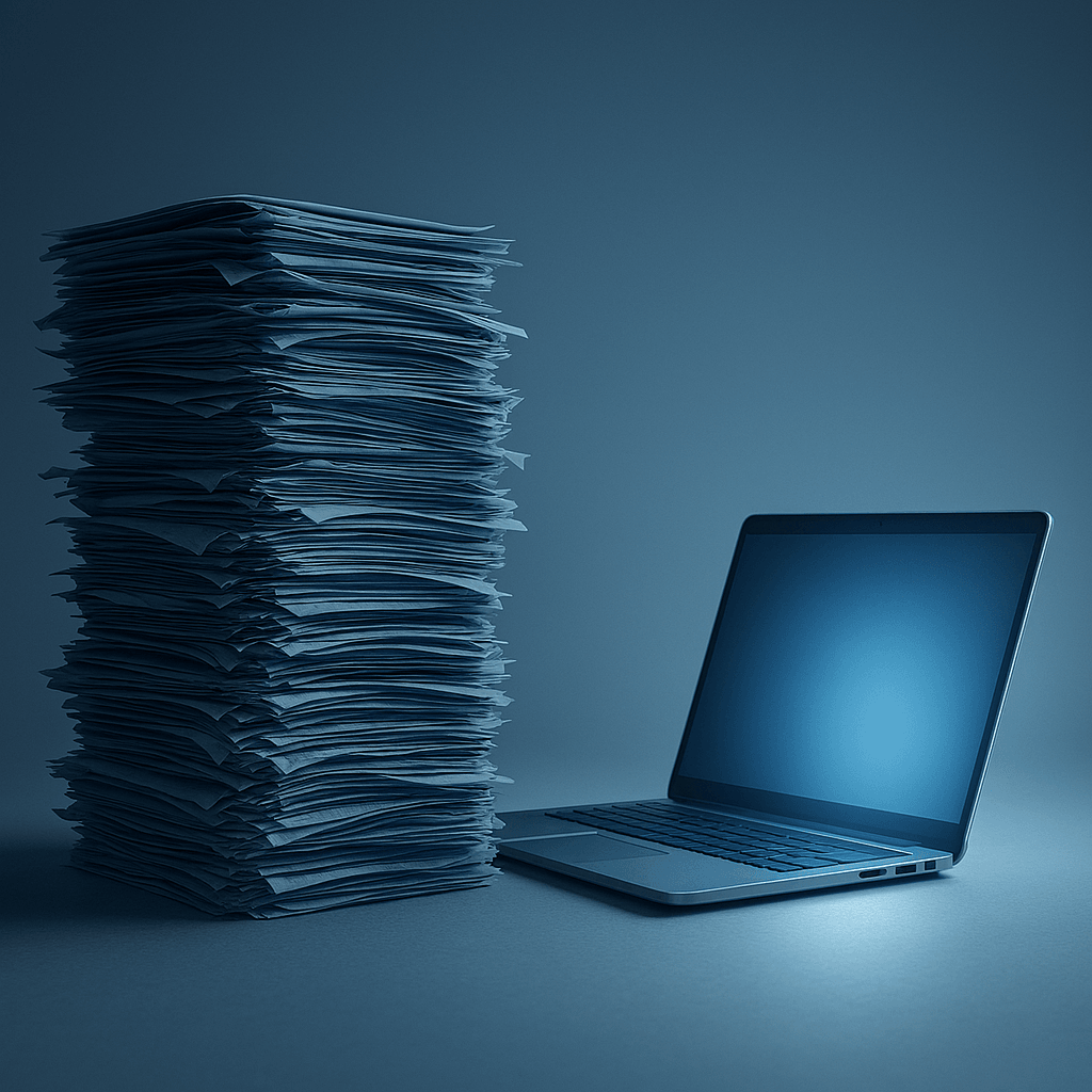 image of a laptop beside a large stack of paperwork