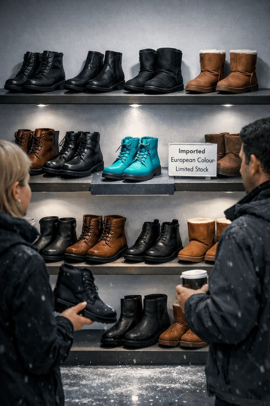A semi‑realistic illustration of a modern shoe boutique with cool, gallery‑style lighting. Rows of black and brown winter boots — including lace‑ups, Chelsea boots, and Uggs — line minimalist wooden shelves. In the centre, a bright teal pair sits elevated on a small pedestal under a focused spotlight, glowing like a rare treasure. A clear stand beside it displays a sign reading “Imported European Colour — Limited Stock.” Two shoppers in the foreground look toward the teal boots with amused curiosity, one holding a black boot as if reconsidering their choice.