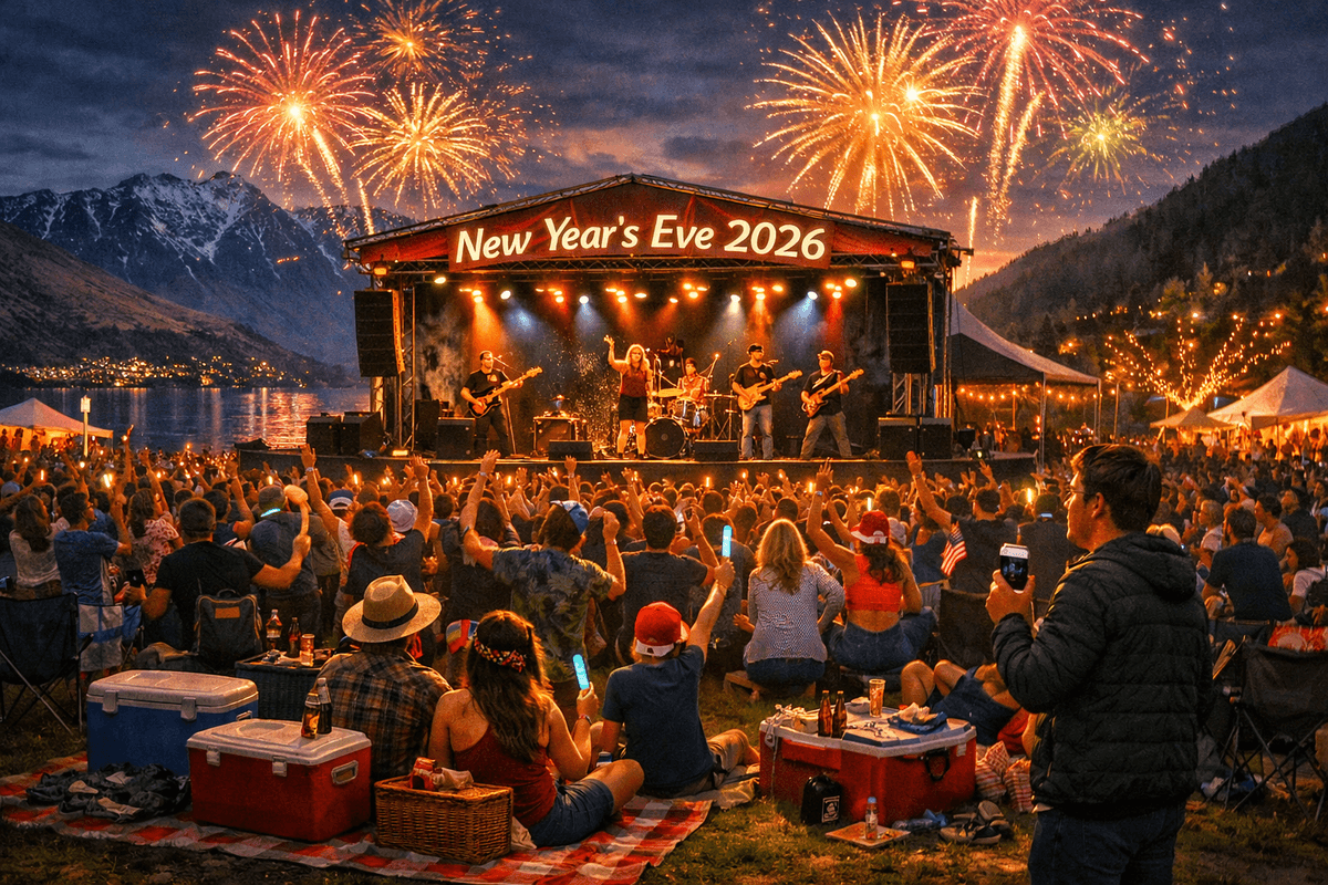 An outdoor New Year’s Eve music festival on the shores of Lake Wakatipu in Queenstown, with a live band performing on a brightly lit stage under a banner reading ‘New Year’s Eve 2026.’ A large crowd dances on the grass with glow sticks, chilly bins, and picnic blankets scattered around. Fireworks explode over the lake and snow‑capped mountains in the background, reflecting in the water as the lights of Queenstown shine across the bay.