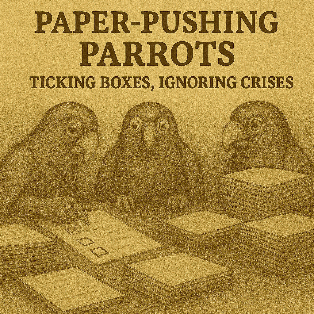 A sepia-toned editorial cartoon shows three parrots sitting at a desk covered in stacks of paper. The parrot on the left is ticking boxes on a checklist with a pencil. The middle parrot stares directly ahead with a neutral expression, while the right parrot looks sideways toward the paperwork. Above them, the title “PAPER‑PUSHING PARROTS” is clearly visible and centered, with the subtitle “TICKING BOXES, IGNORING CRISES” below it. The illustration uses vintage-style shading and cross-hatching to evoke a satirical critique of bureaucratic inefficiency.