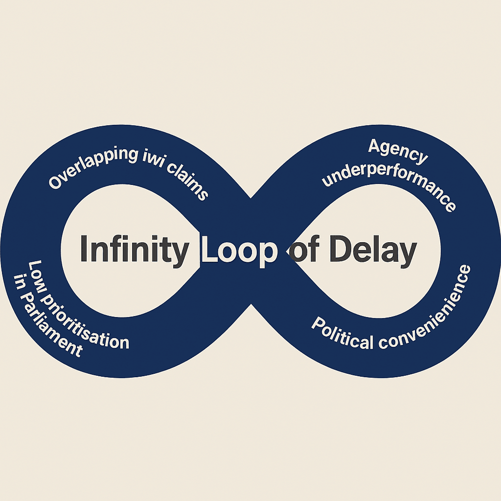 A dark blue infinity loop diagram titled “Infinity Loop of Delay” shows a continuous cycle of systemic issues. Four phrases are positioned along the loop’s curves: “Overlapping iwi claims,” “Low prioritisation in Parliament,” “Agency underperformance,” and “Political convenience.” The design visually represents a recurring pattern of delay in governmental or Treaty-related processes.