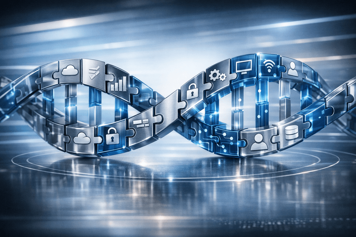 A stylised double helix made of interlocking blocks, each representing a system capability. Blocks alternate between metallic silver and glowing blue, with icons like cloud, padlock, gears, and database. The helix floats above a reflective surface in a futuristic blue-toned environment.