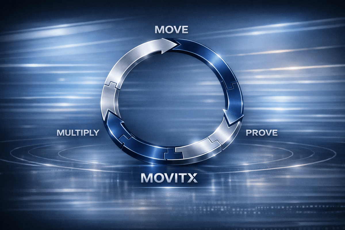 A circular loop made of three curved arrows labeled “MOVE,” “PROVE,” and “MULTIPLY.” Arrows alternate between silver and navy blue. The MOVITX logo is centered below the loop. The background features horizontal light streaks in cool blue tones and a faint glow beneath the diagram.