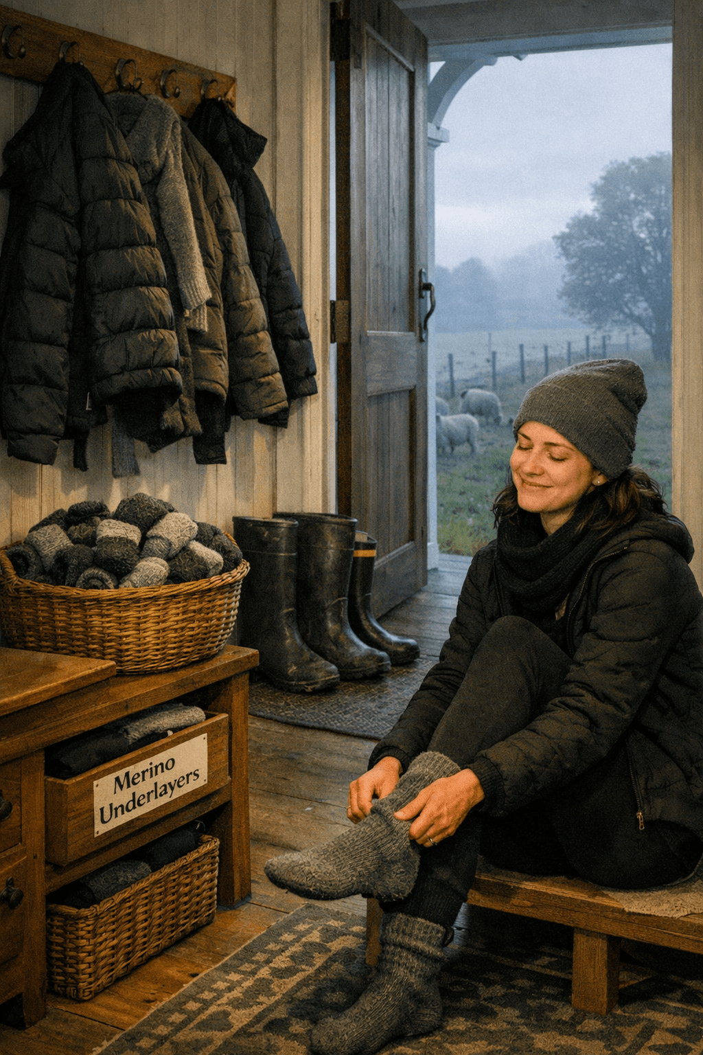 A semi‑realistic illustration of a country villa hallway on a cool early morning. Puffer jackets hang over merino layers on wall hooks, and a wicker basket overflowing with merino socks sits under a wooden bench. A drawer labelled “Merino Underlayers” is partly open. A woman in a beanie sits on the bench, smiling as she pulls on thick merino socks. Through the open front door, gumboots rest on the porch and sheep graze in a misty paddock beyond.