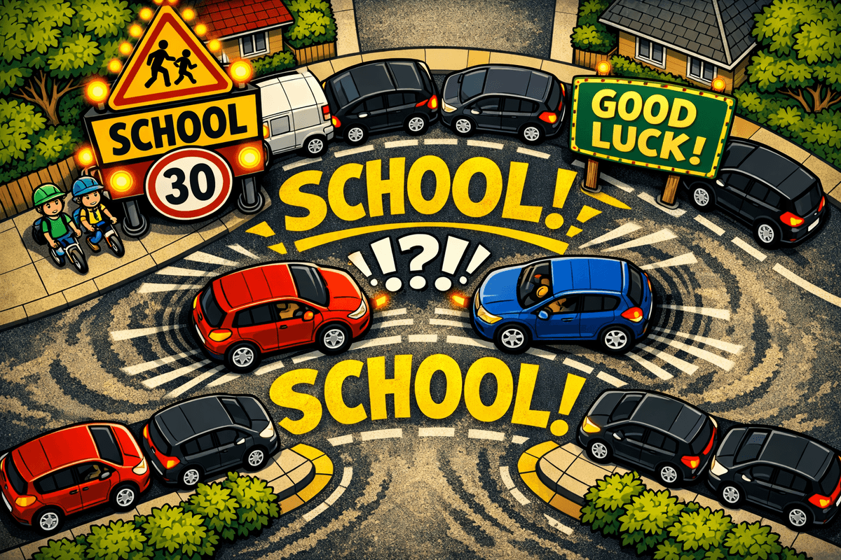 A top‑down satirical cartoon of an impossibly narrow hairpin U‑bend road in a school zone. The bend is so tight that parked cars on both sides nearly touch, leaving no space for moving vehicles. A red car and a blue car approach each other around the curve with exaggerated skid marks, spiralling motion lines, and a giant “!?!” symbol between them. The word “SCHOOL!” is painted in enormous yellow letters across the road, with a flashing “Good Luck” sign beside a huge school warning sign and “30” speed limit. Two helmeted children stand on the footpath watching the chaos. Houses, greenery, and footpaths frame the scene, highlighting the absurdity of the design.