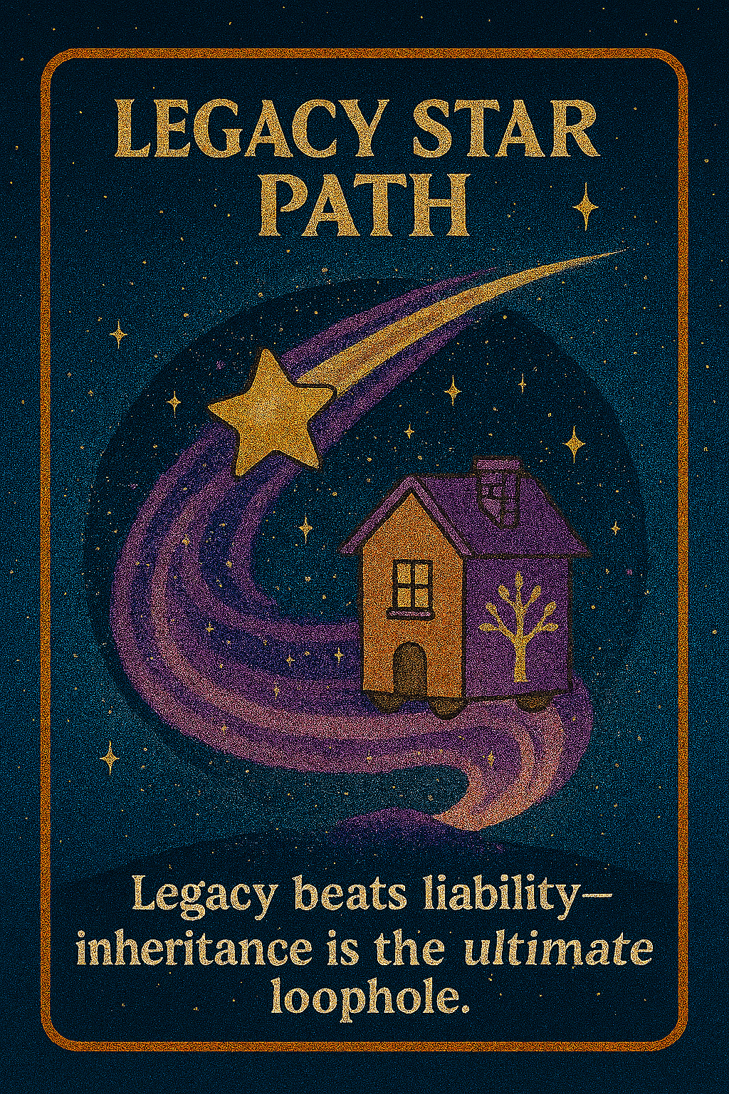 A golden shooting star trails toward a house marked with a tree symbol, set against a deep night sky. Caption reads: “Legacy beats liability—inheritance is the ultimate loophole.”