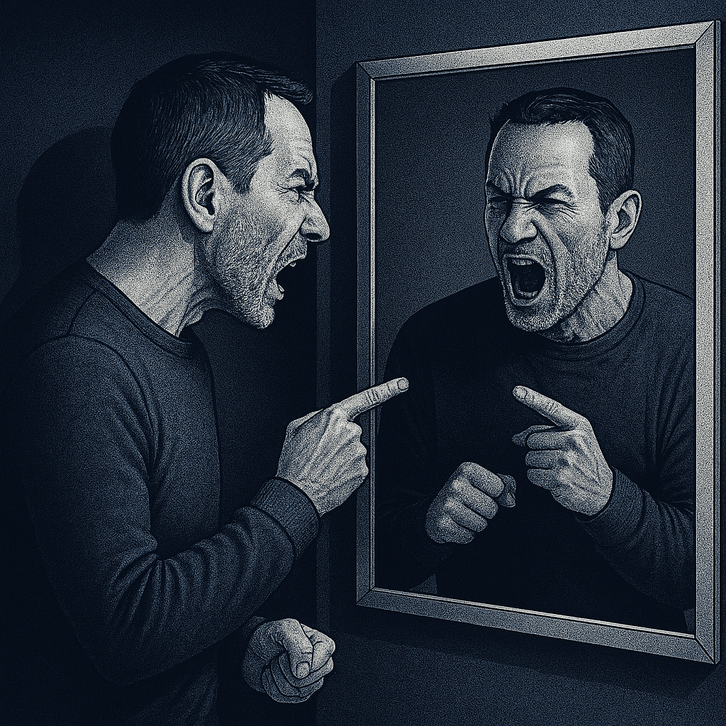 Arguing with yourself: A person stands in front of a mirror, angrily pointing at their own reflection. Both the person and their reflection have furrowed brows and clenched fists. The mirror is framed in silver and mounted on a navy blue wall. 