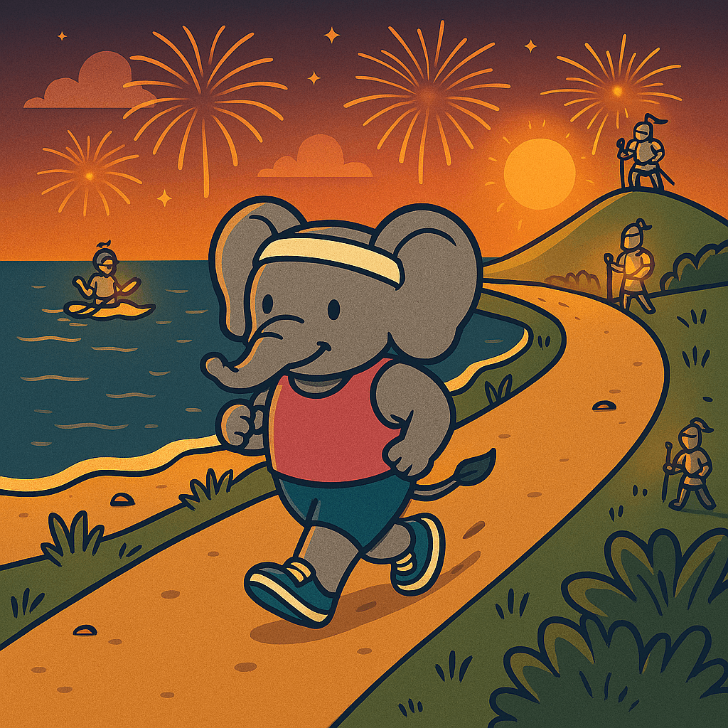 artoon elephant jogging along a coastal path at sunset, wearing a pink top and blue shorts. Fireworks light up the sky as two glowing knights appear in the background—one paddling in the ocean, the other standing on a hill with a “Send Help” sign. The scene is playful and themed around New Year’s resolutions.