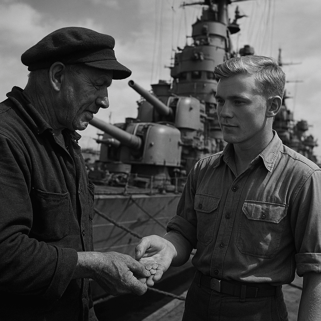 Black-and-white image of two sailors aboard a WWII warship. On the left, an older sailor with a weathered face and wool cap extends a calloused hand, offering coins. On the right, a young blond-haired, blue-eyed soldier in crisp uniform receives them with quiet focus. Behind them, the ship’s towering structure—gun turrets, antennas, and cables—frames their exchange. The moment captures intergenerational grit, duty, and quiet generosity amid the machinery of war.
