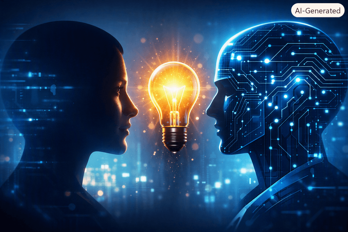 Futuristic digital illustration showing a human silhouette and an AI silhouette facing each other with a glowing lightbulb between them, symbolising shared creativity and collaboration