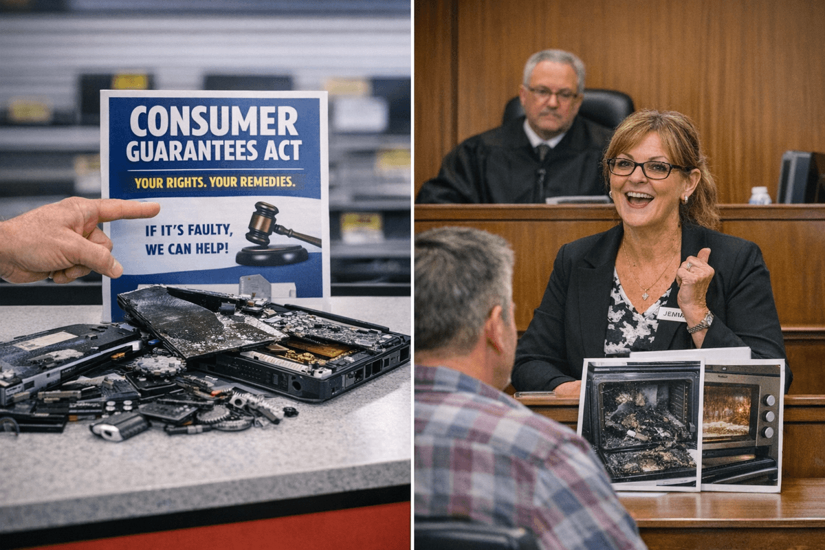 A determined Kiwi stands in front of an exploding oven image in court on the other side a sign says Consumer Guarantees act your rights your remdies by broken goods.