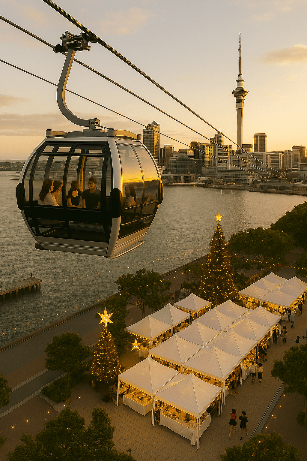 Image of Aerial Cable Car above a Xmas Market crossing the harbour with sky tower in the background