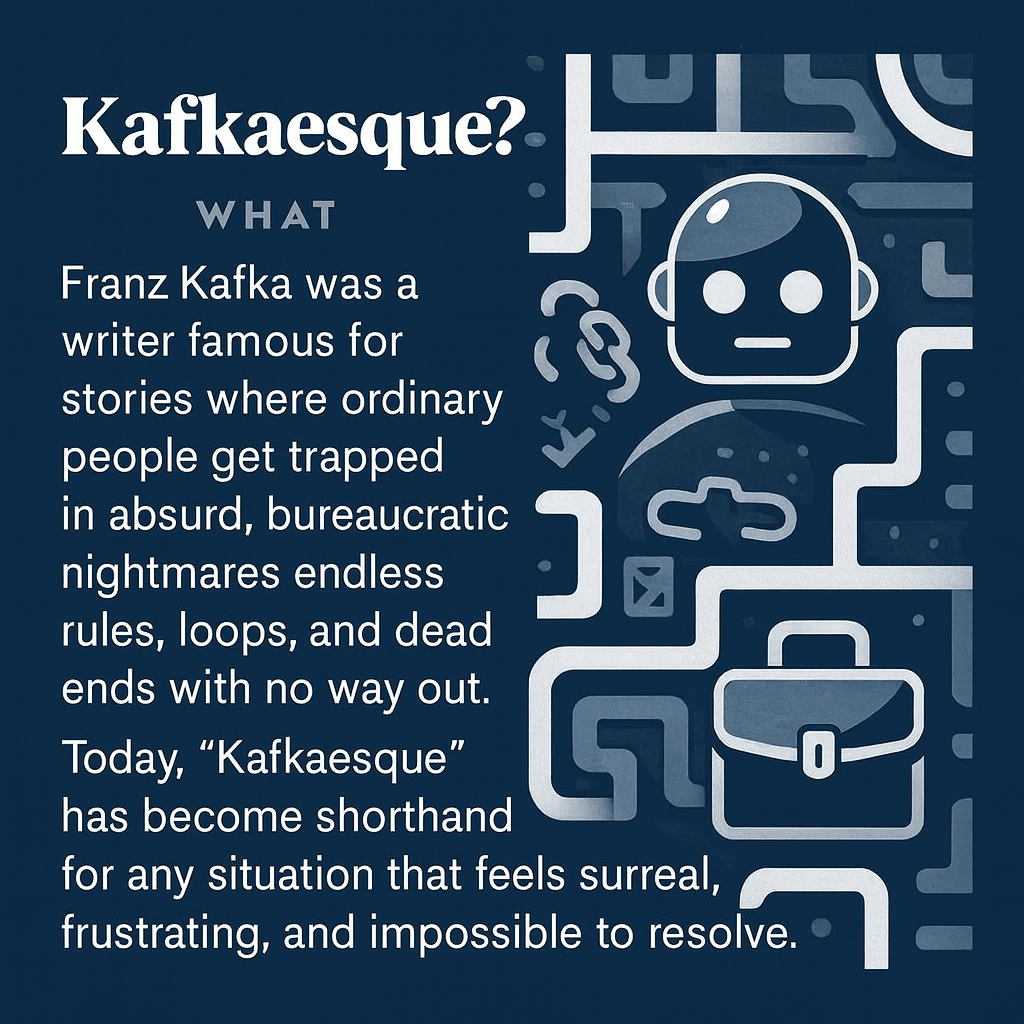A dark blue infographic explains the term “Kafkaesque” using white and light blue text and illustrations. The title “Kafkaesque?” appears at the top, followed by a definition: Franz Kafka wrote stories where ordinary people are trapped in absurd, bureaucratic nightmares — endless rules, loops, and dead ends. The term now describes any surreal, frustrating, and impossible-to-resolve situation. Visual elements include a maze-like pattern, a robotic face, a briefcase, and abstract shapes that evoke confusion and entrapment.