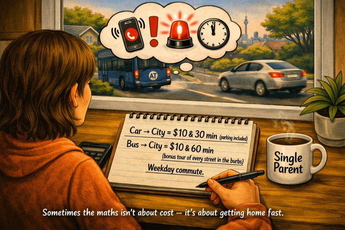 Image of a person calculating car to city vs bus to city cost and time a single parent mug of coffee beside them with a thought bubble with emergency phone calls and a clock indicating in an emergency time is the decider. Caption read sometimes the maths isnt about cost its about getting home fast.