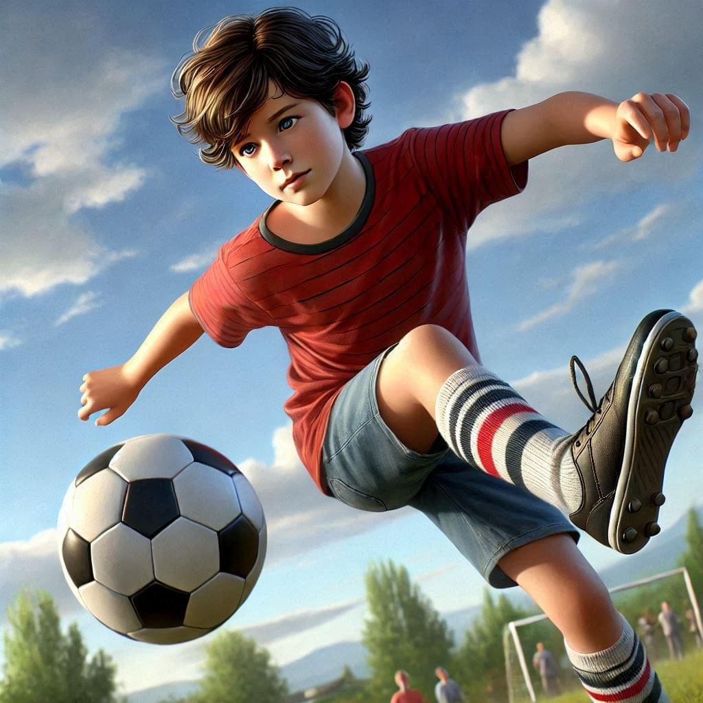Cartoon boy playing soccer with parents standing in the background