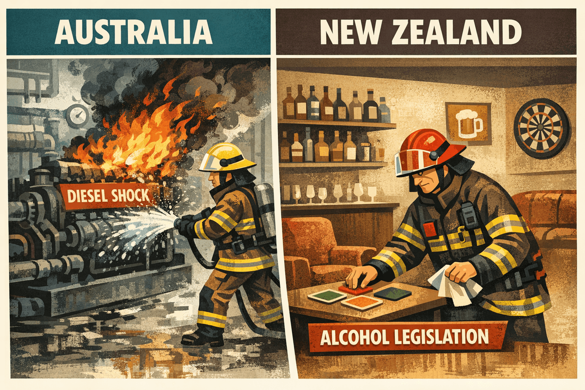 Satirical illustration split into two panels. On the left, labeled “Australia,” a firefighter in full gear extinguishes flames in an engine room labeled “Diesel Shock.” On the right, labeled “New Zealand,” a firefighter in identical gear calmly arranges drink coasters in a lounge labeled “Alcohol Legislation.” The contrast highlights Australia’s backbone‑first response and New Zealand’s misaligned priorities.
