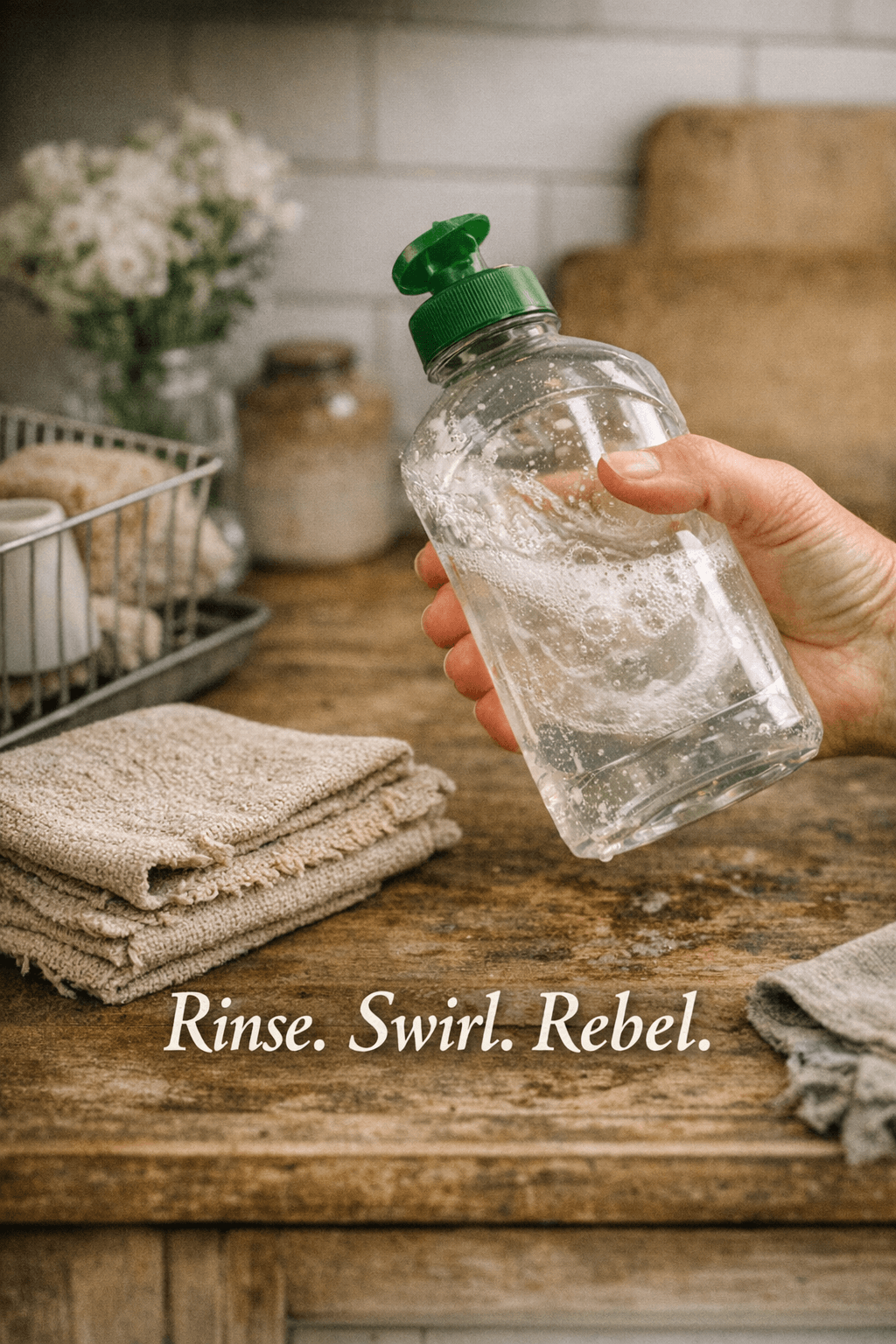 A close-up image shows a hand swirling an almost-empty dish soap bottle to extract the last portion. Inside the bottle, soap and water mix into sudsy foam. The background includes a dish rack with a sponge and cup, a scrub brush in a glass of water, and a folded cloth on a wooden countertop. Overlaid text reads: “Rinse. Swirl. Rebel.” — capturing the resourceful spirit of the Vinegar Resistance.
