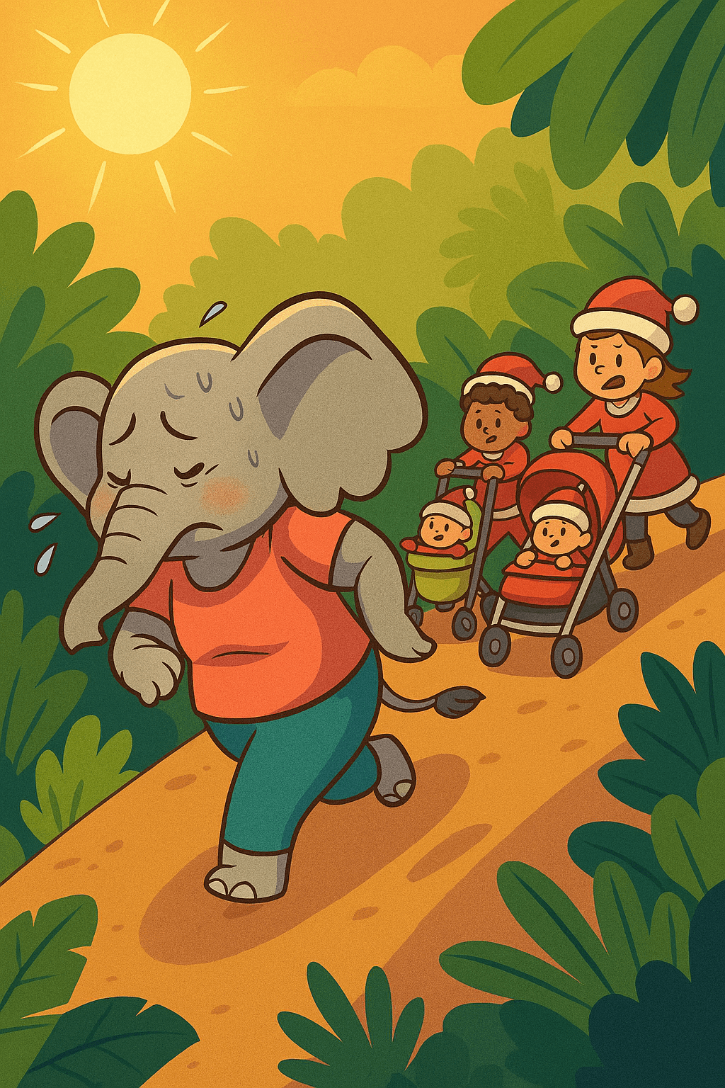  cartoon-style female elephant struggles to walk uphill under a hot sun, sweating but determined. She wears a coral T-shirt and teal leggings. Behind her, families dressed for a Santa parade push strollers up the same hill. The scene is festive and chaotic, with lush greenery and a bright orange sky suggesting heat and effort. The elephant leads the climb, embodying resilience and stubborn joy.
