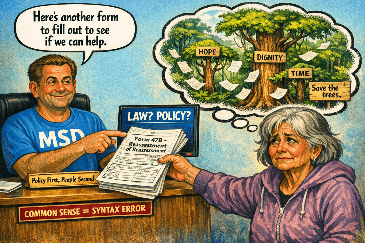 MSD worker hands a thick form labeled “Form 47B – Reassessment of Reassessment” to an older woman. His desk plaque reads “Policy First, People Second.” She looks weary. Her thought bubble shows a lush rainforest with trees labeled “Hope,” “Dignity,” and “Time,” and a small sign that says “Save the Trees.”