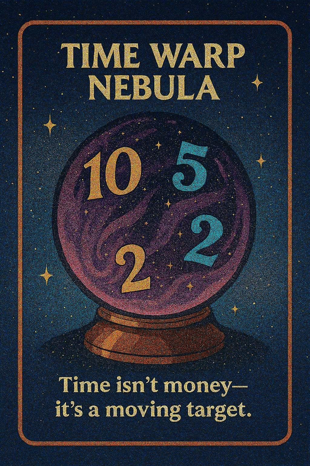 Tarot-style card with a glowing crystal ball floating in space, surrounded by numbers “10,” “5,” “2,” and “2.” Caption reads: “Time isn’t money—it’s a moving target.”
