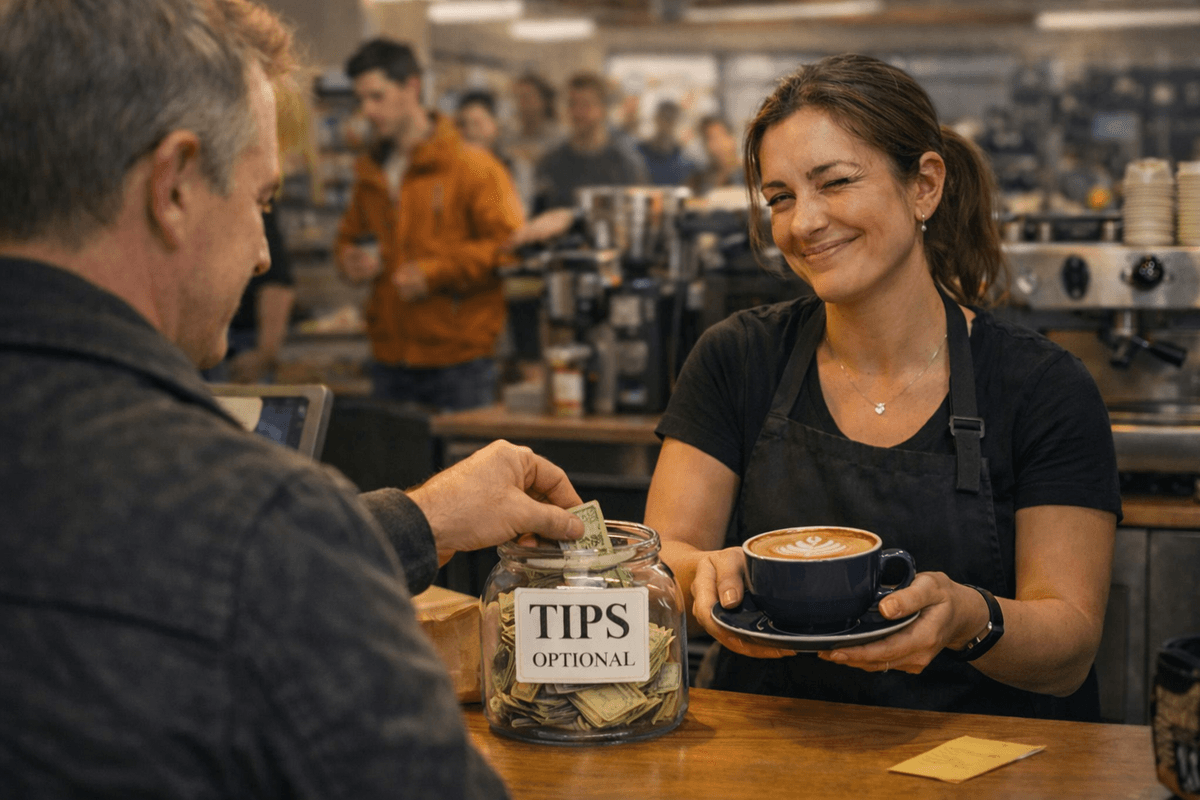 In a warm café, cash is in a  jar marked “Tips – Optional.” The barista smiles and winks while handing over a flat white with fern‑shaped latte art, acknowledging the gesture with quiet appreciation.