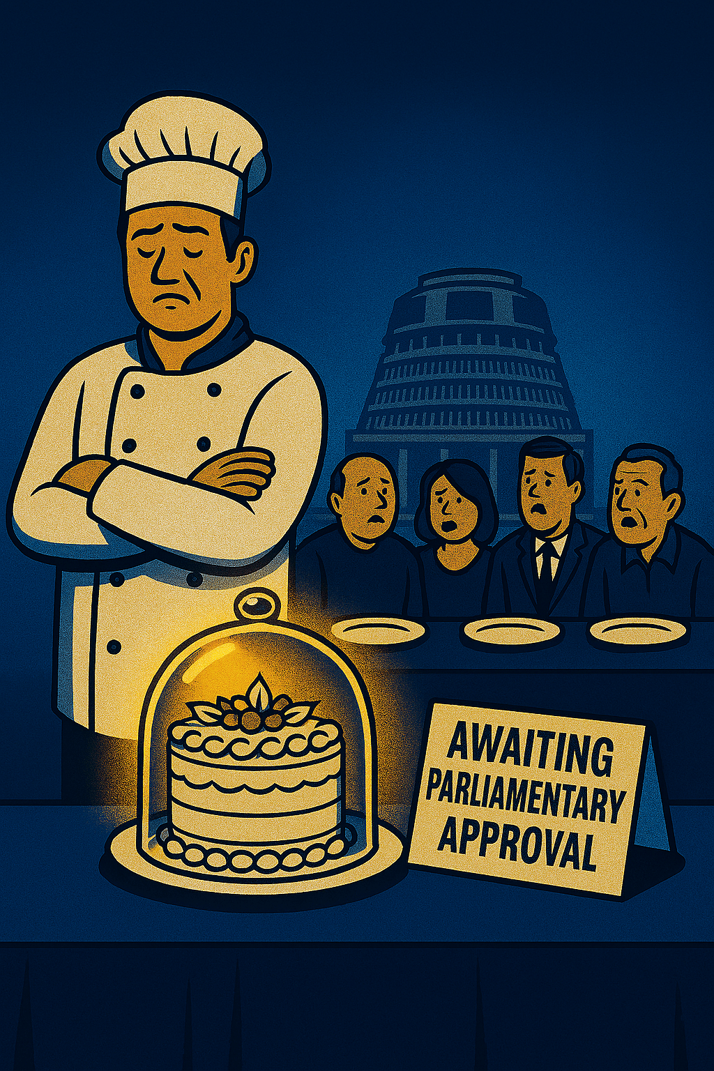 A weary chef stands beside a two-layered white cake sealed under a glass dome on a navy-blue table. His arms are crossed and his eyes closed in frustration. Behind him, four guests sit at the same table with empty plates, looking confused and disappointed. A sign in front of the cake reads “Awaiting Parliamentary Approval.” The background features a gradient from sapphire to navy blue, with the New Zealand Beehive building faintly visible behind the diners.