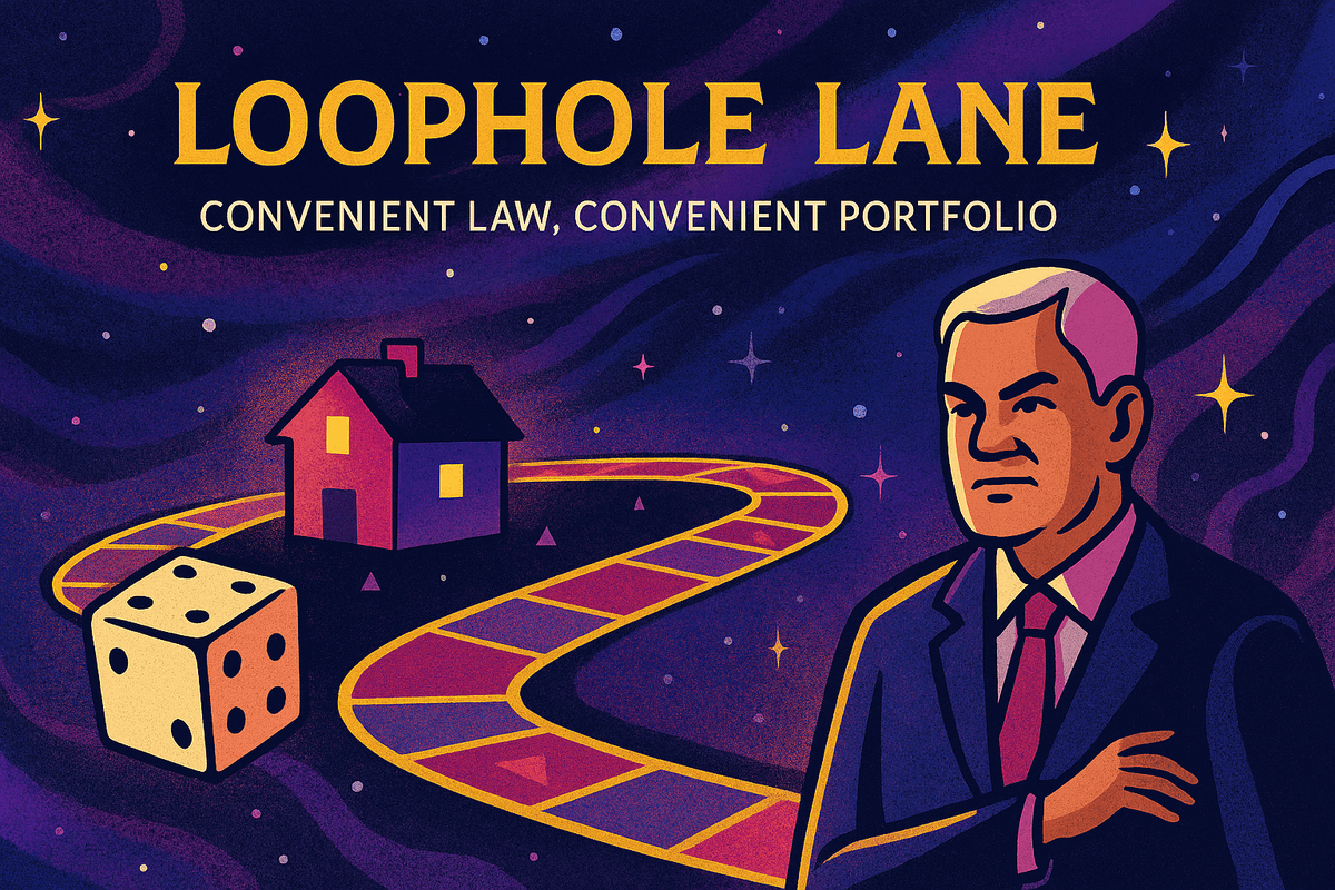 A winding board game path stretches through space. A pink house sits on one tile, a die tumbles nearby, and a suited cartoon figure with white hair stands beside it. Caption reads: “Loophole Lane: Convenient Law, Convenient Portfolio.”