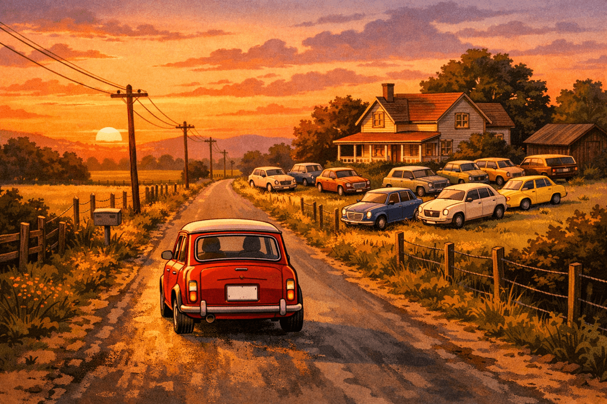 A nostalgic cartoon illustration of a red Mini Cooper driving down a narrow country road at sunset. The car heads toward a farmhouse with a red roof and wraparound porch, surrounded by trees and a yard full of parked vintage cars in various colours. The golden sky glows behind rolling hills, casting long shadows across the road and fields lined with wooden fences and wildflowers. The scene feels warm and wistful, evoking a time when roads were simpler and Minis ruled the countryside.