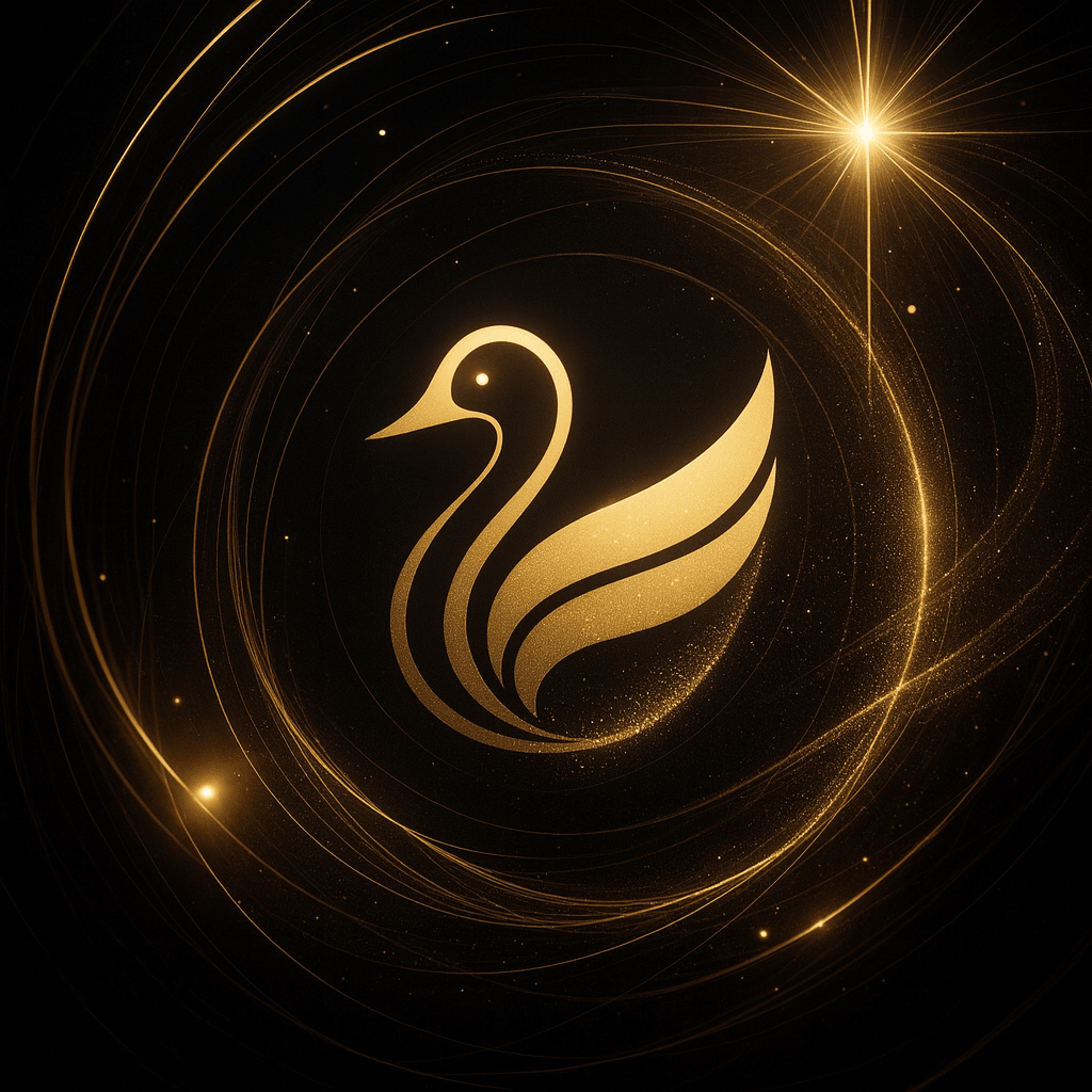 Stylized golden goose in a sleek, futuristic design, surrounded by swirling arcs of golden light on a black background. The composition evokes elegance, transformation, and visionary movement.