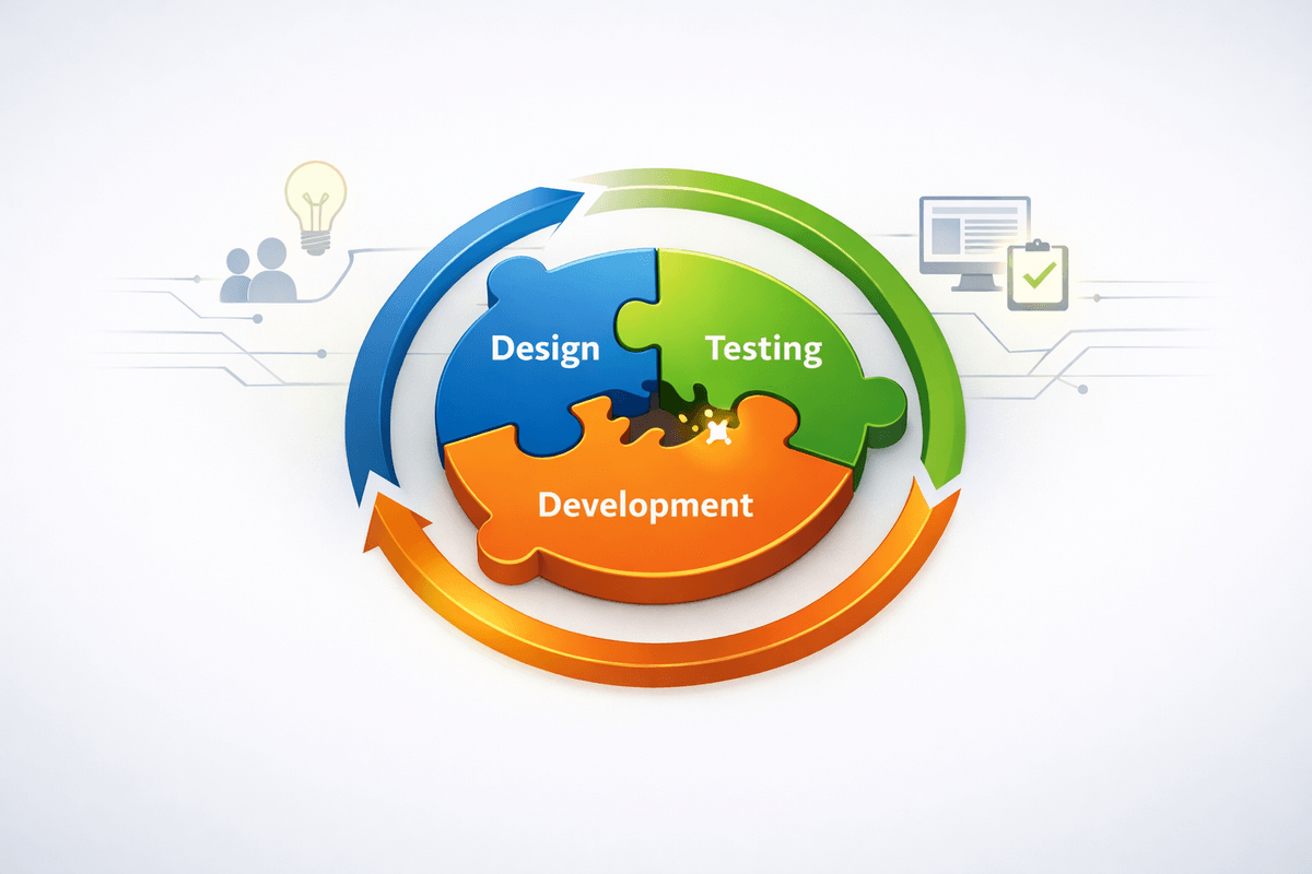 Modern tech‑style illustration showing three interlocking puzzle pieces labeled Design, Development, and Testing, surrounded by a continuous circular arrow loop to represent a fully connected, joined‑up delivery system