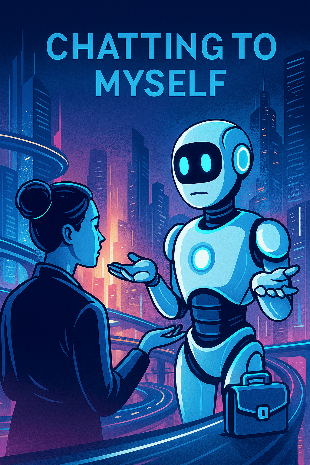 Futuristic illustration of a humanoid robot and a woman in a dark suit conversing on a neon-lit city platform. The robot has a sleek white-and-blue design with glowing eyes and a circular chest light, holding a briefcase. The woman’s hair is tied back, and she stands confidently. Behind them, a vibrant cityscape of skyscrapers and winding highways glows in blue, purple, and orange. Text at the top reads “CHATTING TO MYSELF,” suggesting themes of AI, self-reflection, and human-machine dialogue.