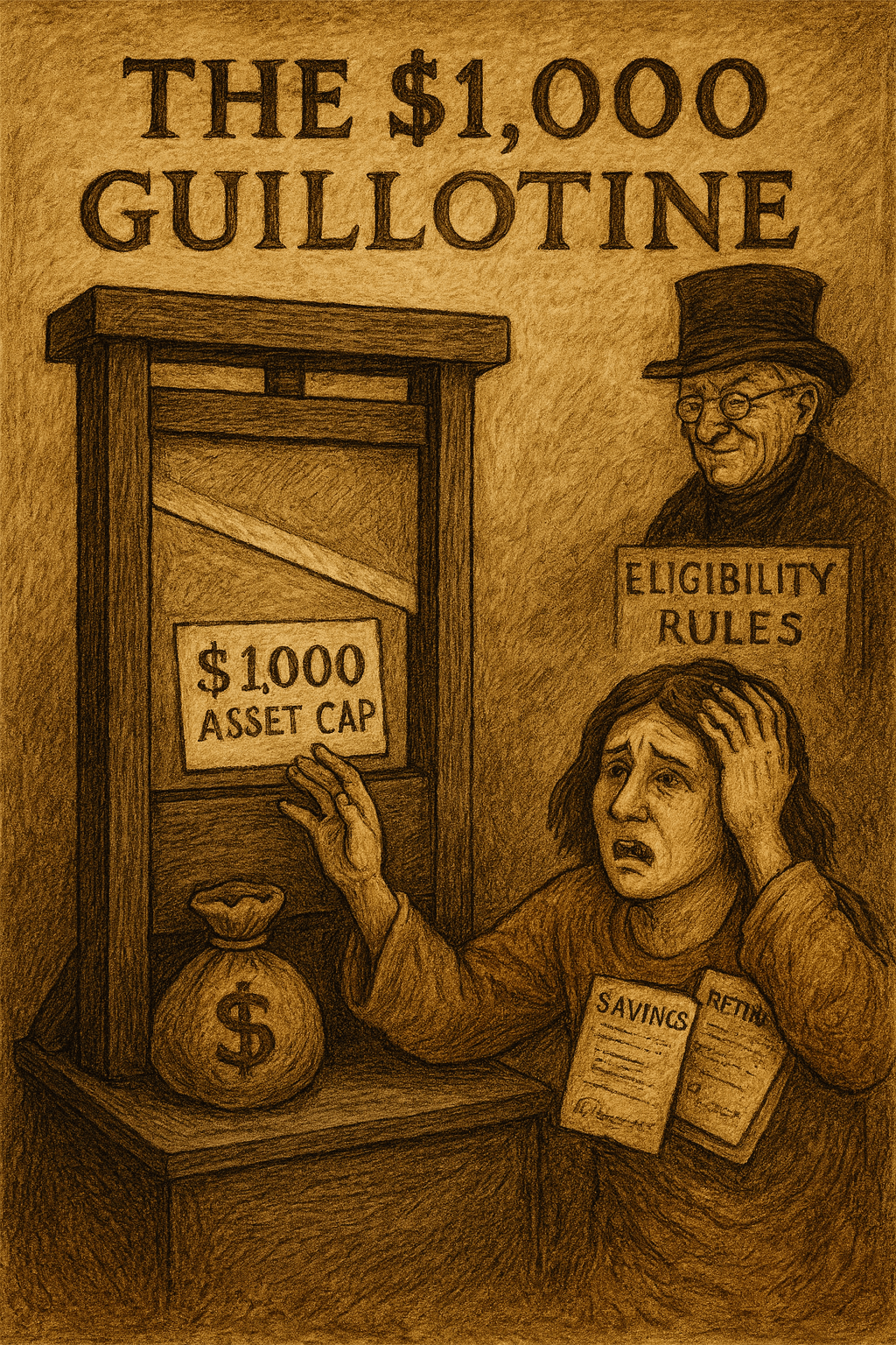 A sepia drawn illustration depicts a guillotine labeled “THE $1,000 GUILLOTINE.” The blade is marked “$1,000 ASSET CAP” and hangs above a sack of money. A distressed woman in an orange sweater reaches toward the guillotine, clutching savings and retirement documents. In the background, the Wicked Old Lady of MSD watches gleefully from a podium labeled “Eligibility Rules.” The image satirizes MSD’s policy of forcing asset liquidation before support is granted.