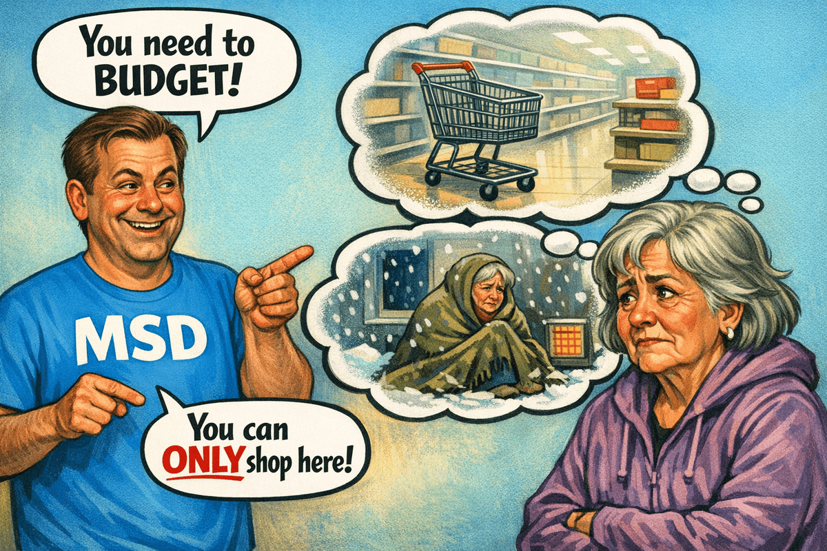 A cartoon-style scene shows an MSD worker in a blue “MSD” T‑shirt pointing and smiling at an older woman in a purple hoodie. He has two speech bubbles that say, “You need to BUDGET!” and “You can ONLY shop here!” The older woman looks worried. Above her are two thought bubbles: one shows a nearly empty supermarket aisle with a lonely shopping cart, and the other shows her sitting outside in the snow wrapped in a blanket beside a small heater, suggesting hardship and limited options.