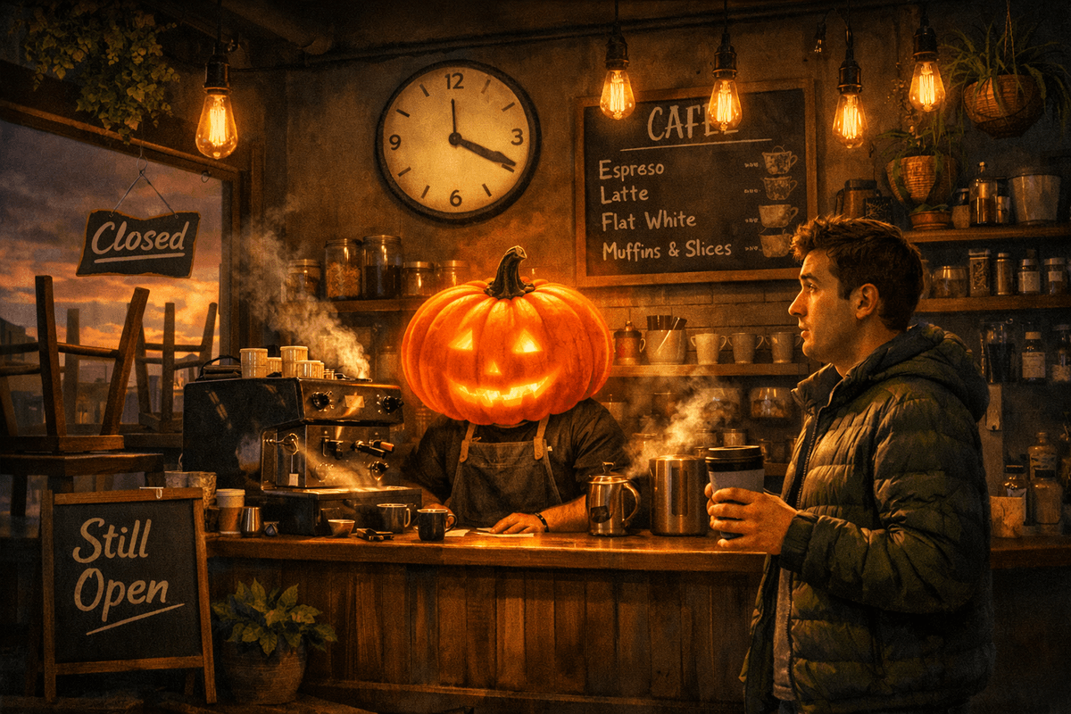 A cozy New Zealand café interior at 3:30 pm, where a barista is mid‑transformation into a glowing orange pumpkin behind the counter. The café clock shows 3:30 pm, chairs have flipped upside‑down on tables, lights have dimmed, and the espresso machine powers down with fading steam. A confused customer stands holding a KeepCup, staring at the pumpkin‑barista as the café magically shuts down