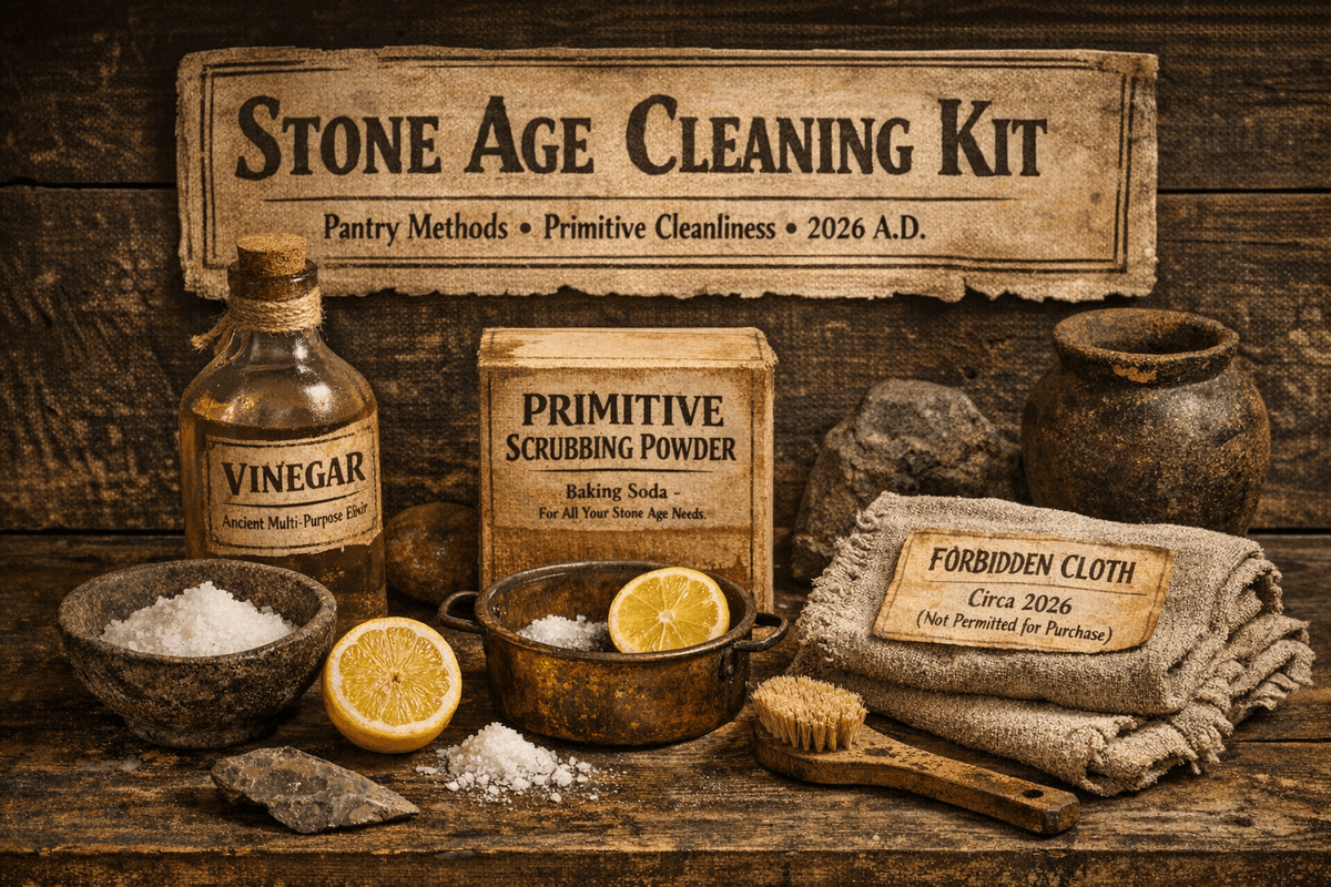A satirical “Stone Age Cleaning Kit” is arranged on a rustic wooden surface like an archaeological exhibit. It features a vinegar bottle labeled “Ancient Multi-Purpose Elixir,” a box of baking soda called “Primitive Scrubbing Powder,” a copper pot with lemon and salt, and a frayed cloth tagged “Forbidden Cloth — Circa 2026 (Not Permitted for Purchase).” The background sign reads “Stone Age Cleaning Kit: Pantry Methods • Primitive Cleanliness • 2026 A.D.”