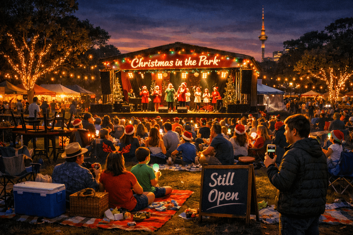 Auckland Domain at twilight during Christmas in the Park, filled with families and friends on picnic blankets and folding chairs. People wear Santa hats and festive clothing, surrounded by chilly bins and fairy lights. The stage at the front glows with performers singing Christmas songs — adults and children in red and green outfits — while the Sky Tower shines in the background. The warm stage lights reflect off the grass, capturing the joyful Kiwi summer celebration.